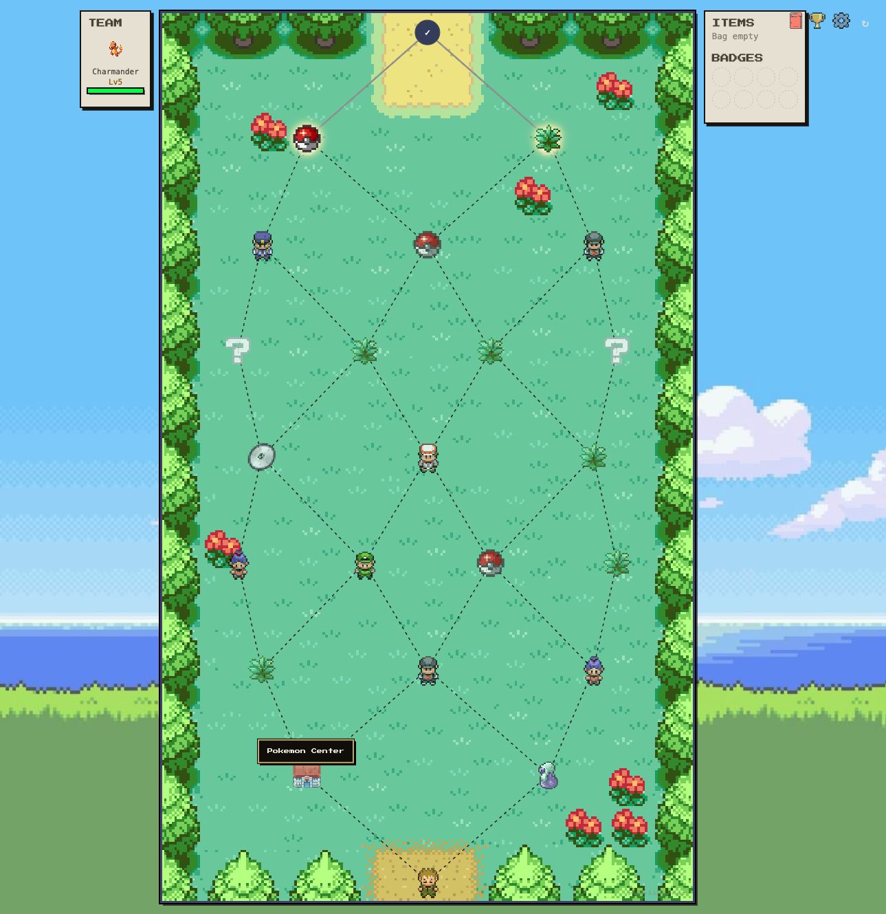 Pokelike map node hover showing a Pokemon Center route option for healing and recovery planning