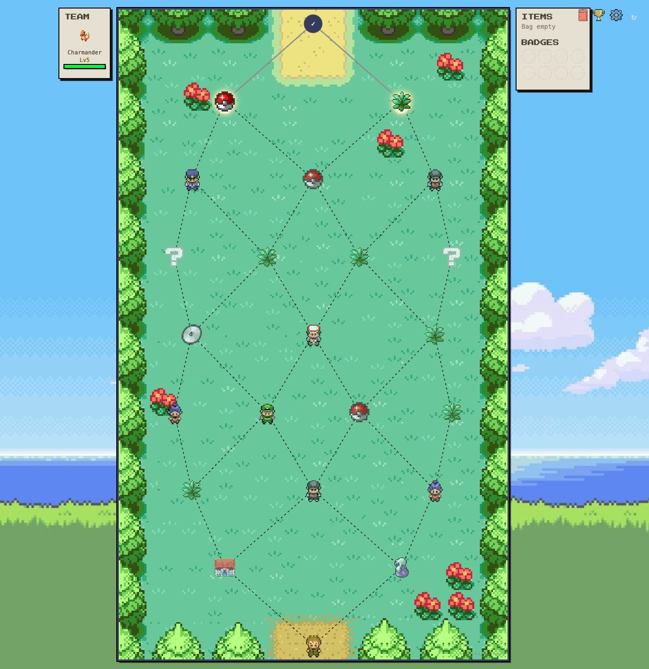 Pokelike route map showing connected nodes, trainer battles, wild encounters, Pokemon Center, mystery nodes, item panel, and badge slots