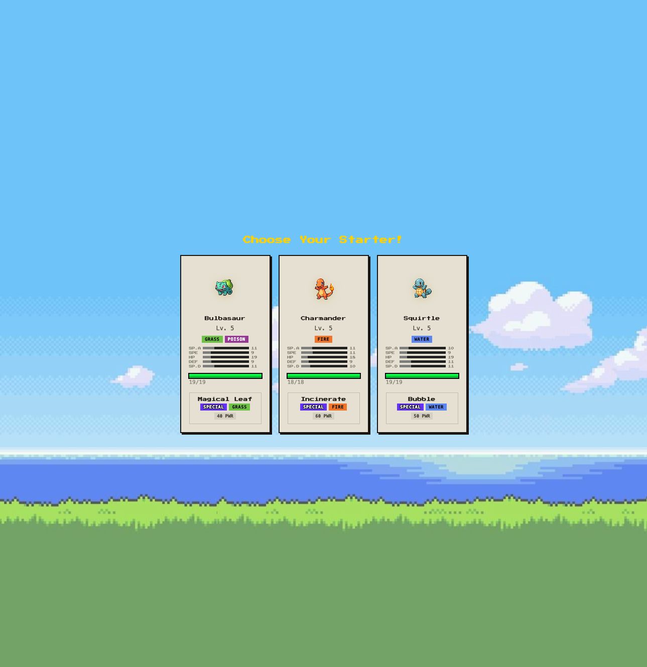 Pokelike starter selection showing Bulbasaur, Charmander, and Squirtle with level, type, stats, HP, and starting moves