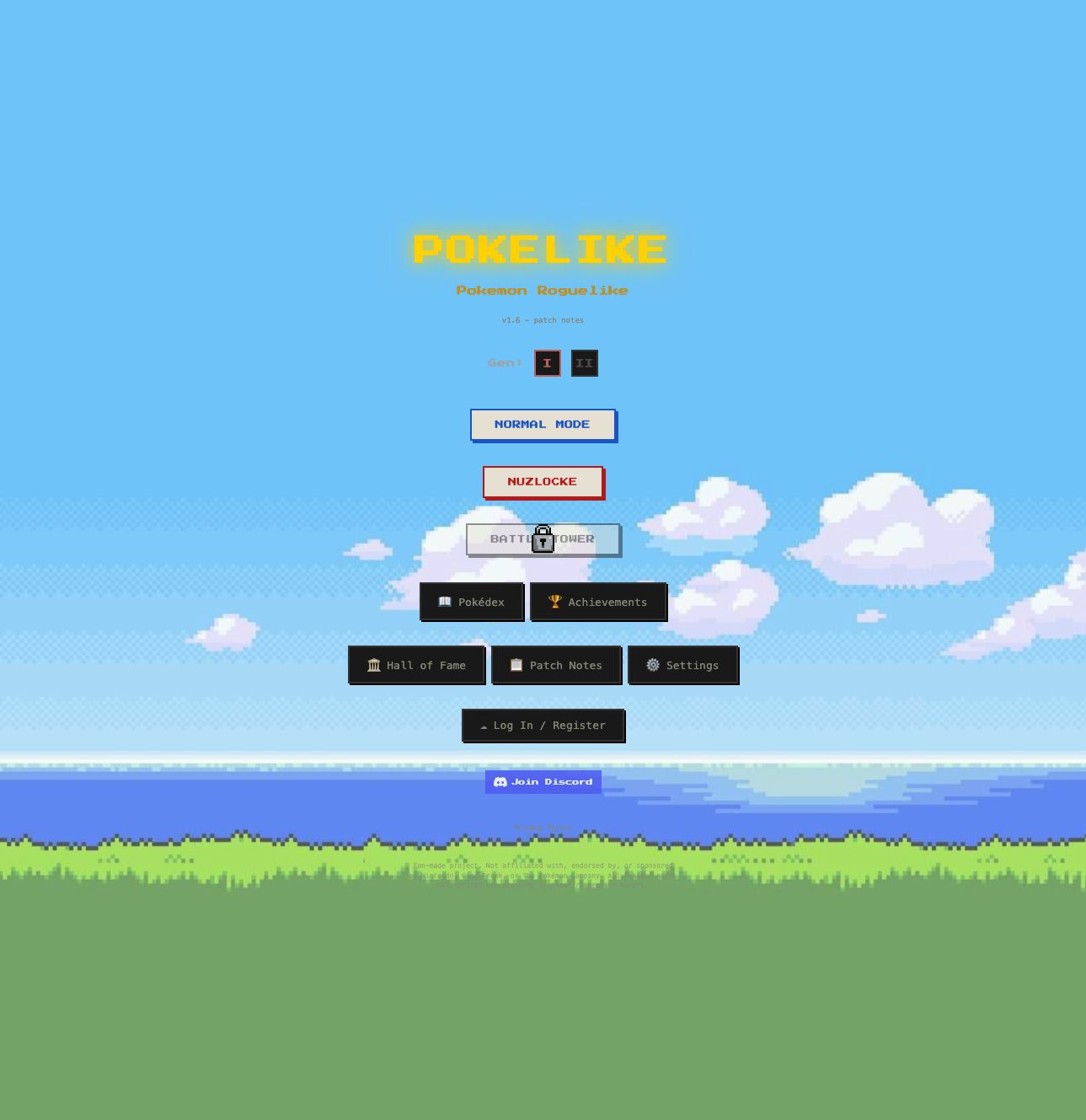Pokelike title menu with Normal Mode, Nuzlocke, Pokedex, achievements, patch notes, and settings